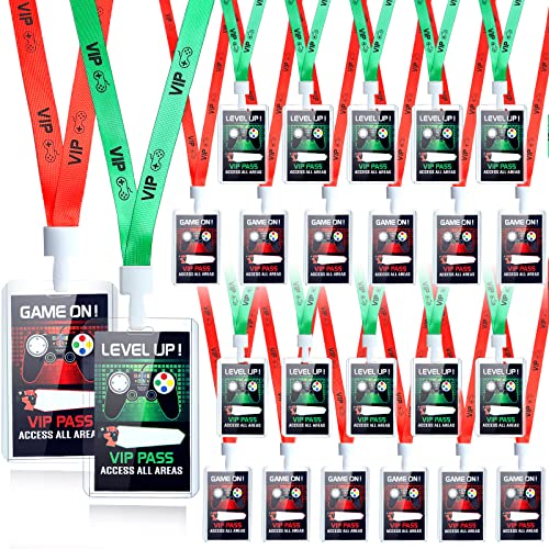 24 Pieces VIP Video Game Pass Holder with Lanyard Gaming Party Favors VIP Party Pass Card for Game Themed Birthday Party Supplies