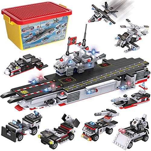 Military Aircraft Carrier Building Blocks Set | 8-in-1 Naval Battleship Model Toy Compatible Bricks Kit with Army Vehicles, Helicopter, Jet & Boats, Storage Box with Baseplate Lid for Kids