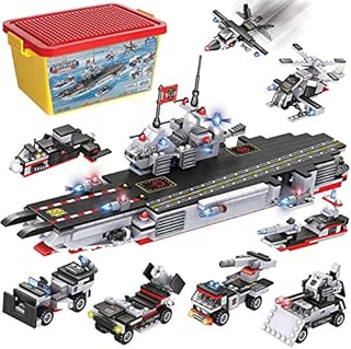 Military Aircraft Carrier Building Blocks Set | 8-in-1 Naval Battleship Model Toy Compatible Bricks Kit with Army Vehicles, Helicopter, Jet & Boats, Storage Box with Baseplate Lid for Kids