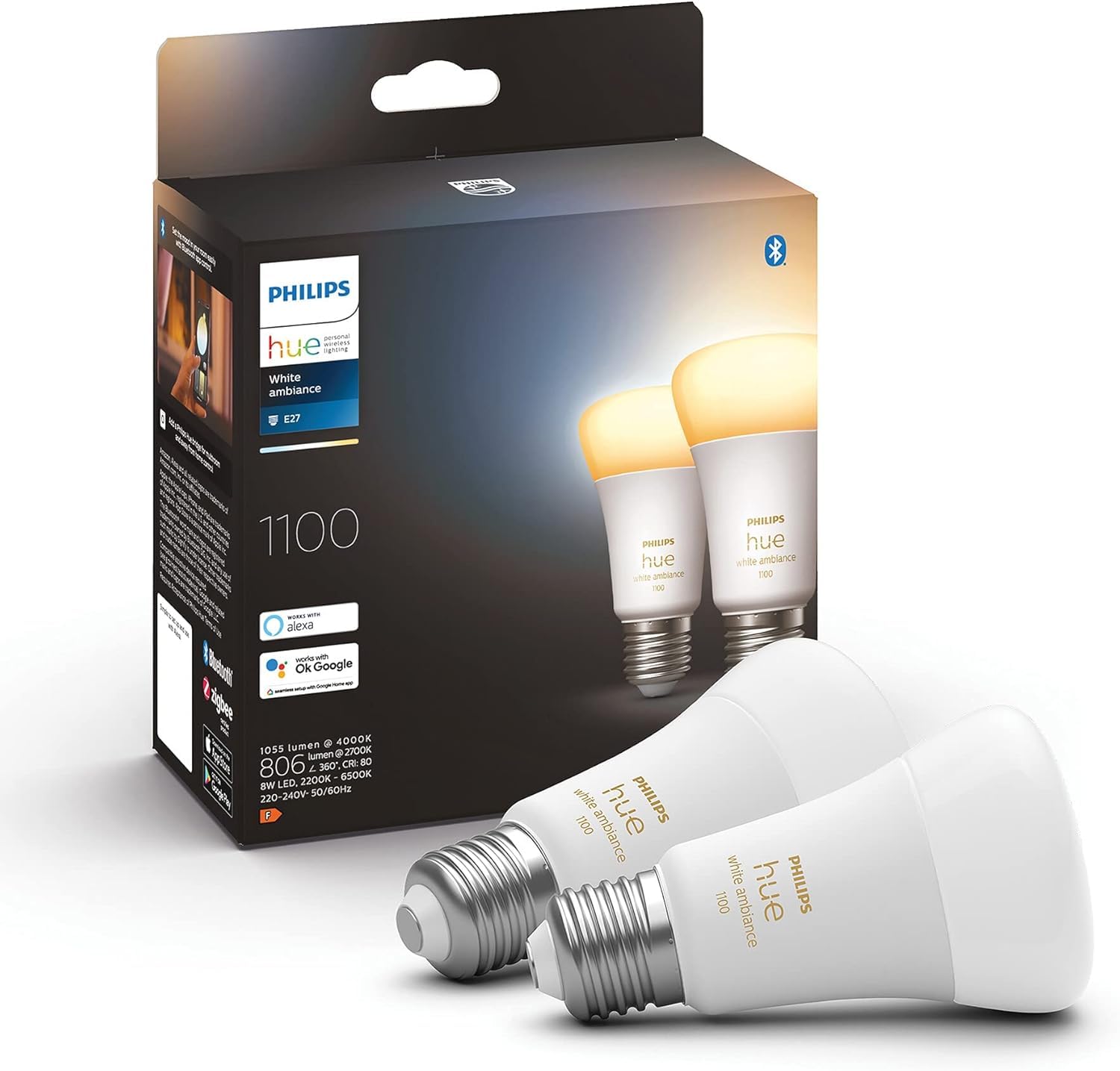 Philips Hue Lampadina LED smart E27, Confezione da 2, Bianco | Luce bianca da calda a fredda, 6 W, 1100 lm, Dimmerabile, Smart Home, Controllo via app e bluetooth, Compatibile con Alexa