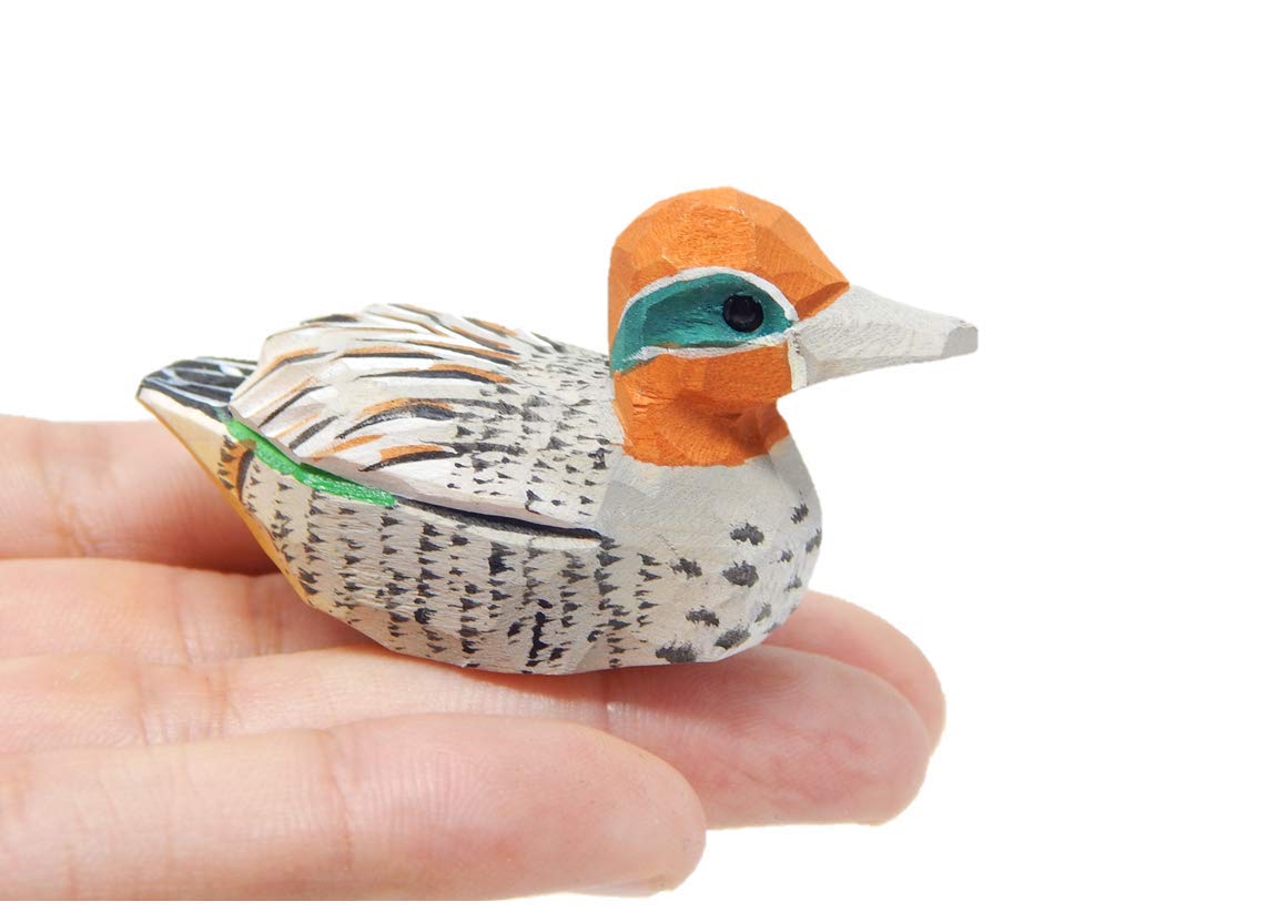 Eurasian Teal Wooden Duck Figurine - Miniature Bird Statue Handmade Carving Home Decor Decoration Decoy Small Animals