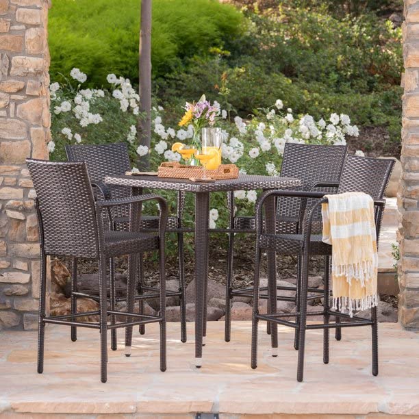 QUBOX 5Piece Outdoor Wicker Bar Table Set for Patio, Poolside