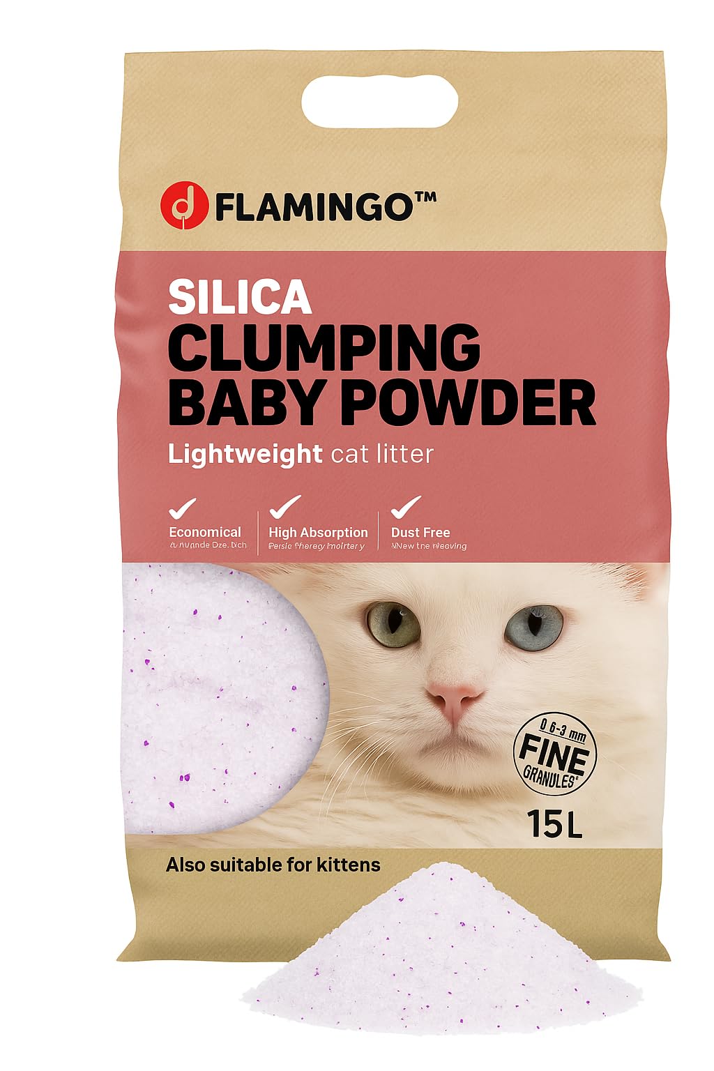 Flamingo Katzenstreu – Talkumduft für Babys – 15L für 18 Wochen – neutralisiert unangenehme Gerüche – auch für Kätzchen