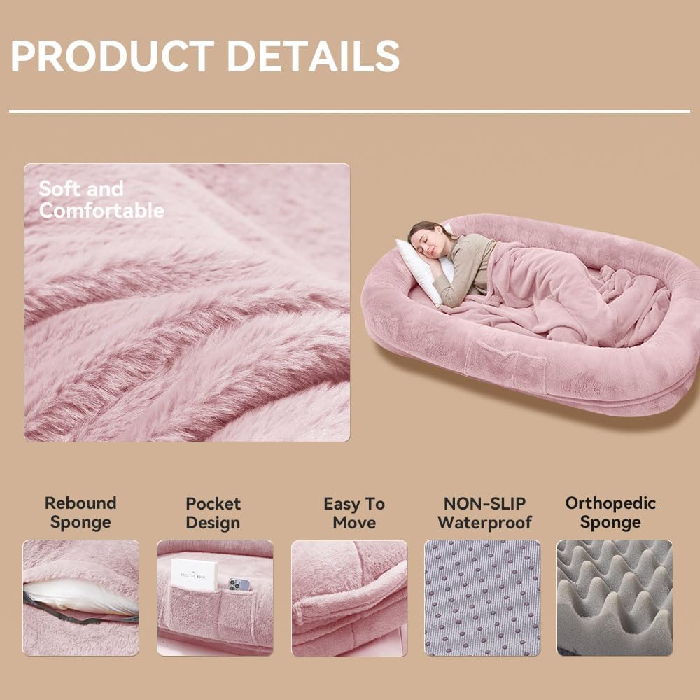 Human Dog Bed 63”x36.6”x11” Large Dog Bed with Raised Cushioned Rim