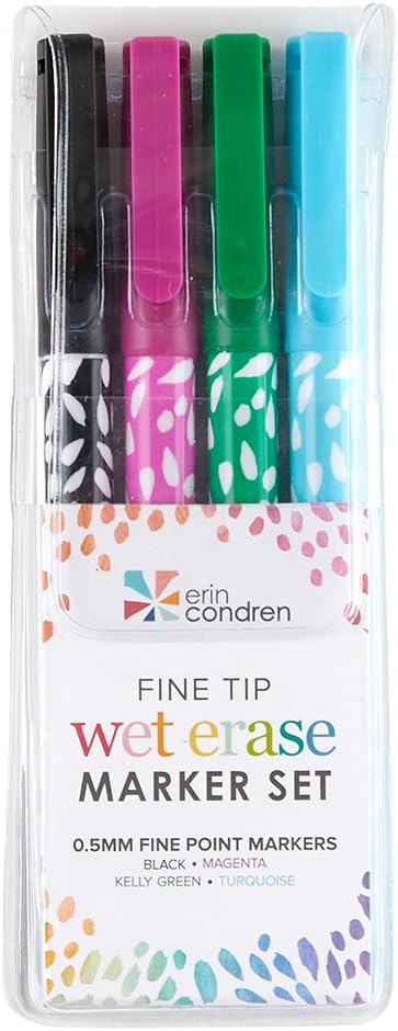 Erin Condren Fine Tip Wet Erase Markers Set of 4 - Black, Magenta, Kelly Green, Turquoise. Small Skinny Markers for Whiteboards and Overhead Transparent Projectors. : Office Products