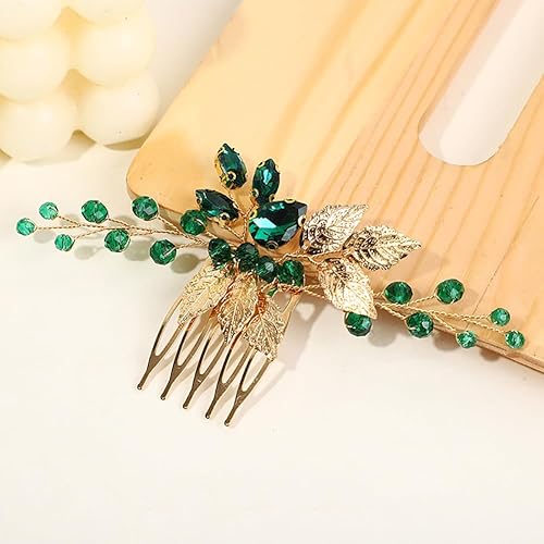 Miniatura 4 de Peine de pelo de cristal verde, peine de pelo para novia, boda, hojas doradas, peine lateral, peine decorativo con diamantes de imitación,