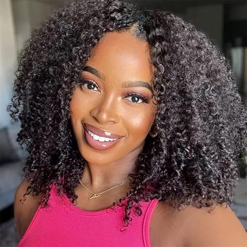 UNICE Kinky Curly V Part Wigs Human Hair with Drawstring No Leave Out Upgrade Glueless U part Human hair Wig No Sew in 150% Density Natural Black 18 inch
