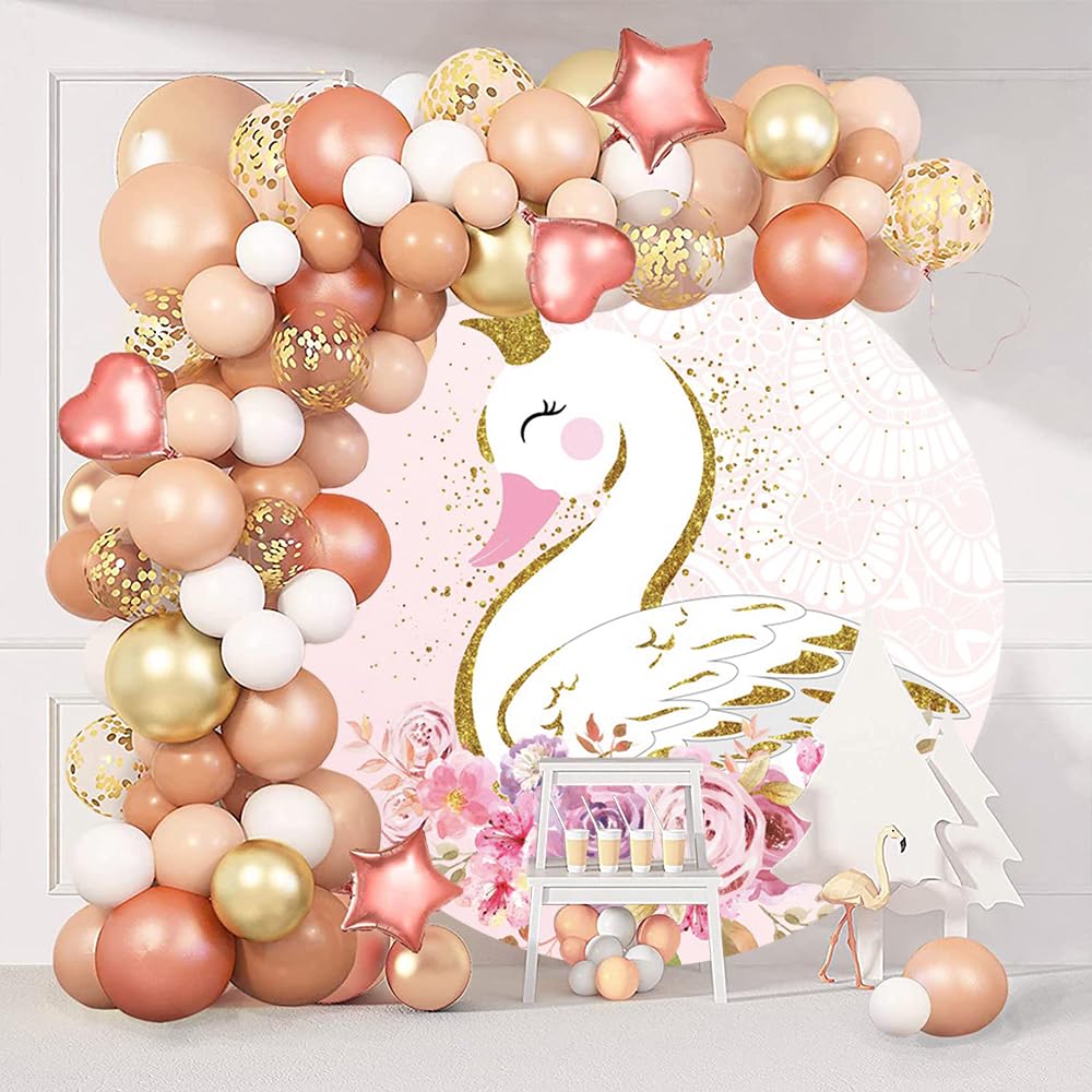 Toile De Fond Ronde 2m Paillettes Or & Cygne Blanc – Parfaite Pour Baby Shower, Anniversaire Fille, Photobooth Et Décoration Fête