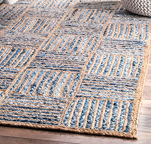 Image of Jute Braided Natural Hand Woven & Reversible Rug for Living Room Kitchen Entryway, Farmhouse Rustic Burlap Carpet Floor Mat (denimbox, 5X7-feet)