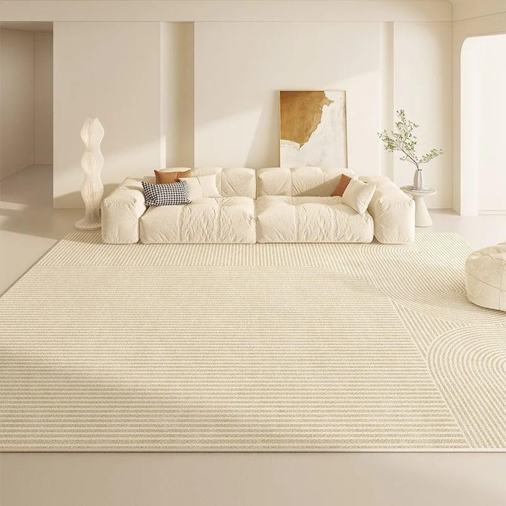 Tapis de salon beige à rayures pour table basse et chambre à coucher douillette
