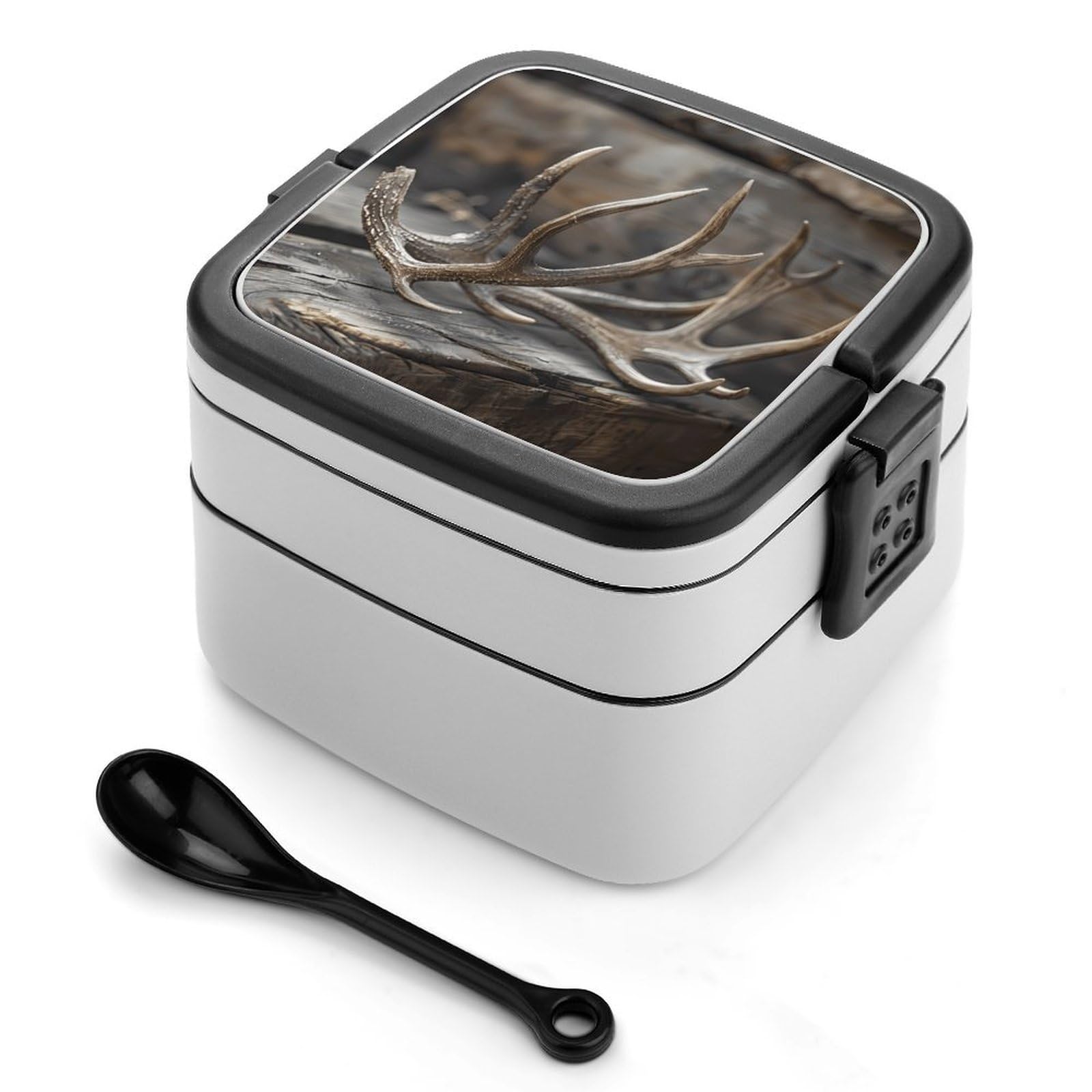 CGSBNGHA Deer Antlers On Wood Bento Lunch Box 2 Layer Lunchbox Food Container for Adults Office