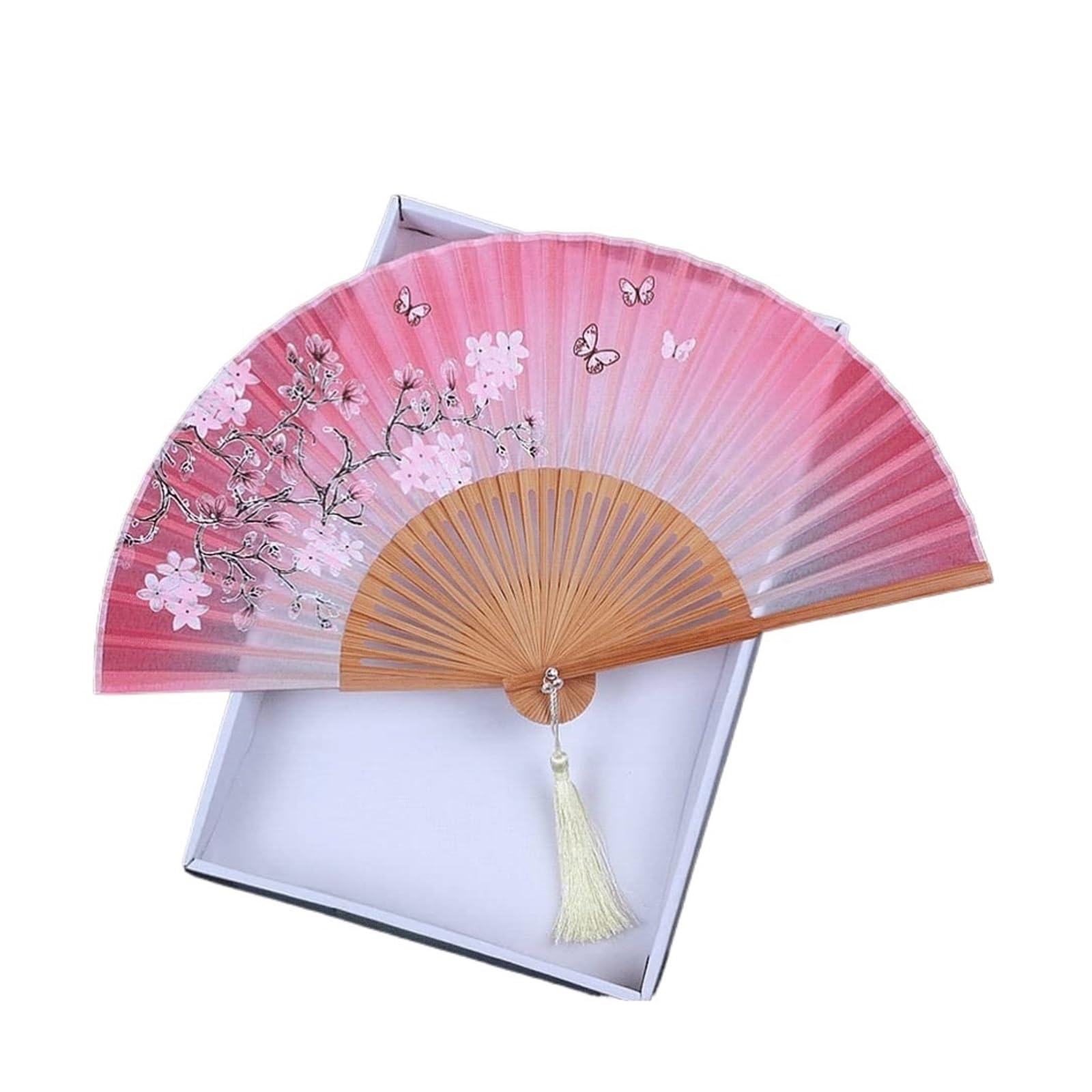 METTEOR Folding Fans Floral Chinese/vintage Retro Style Handheld Silk With Tassel (Brown Bone Pink One Size)
