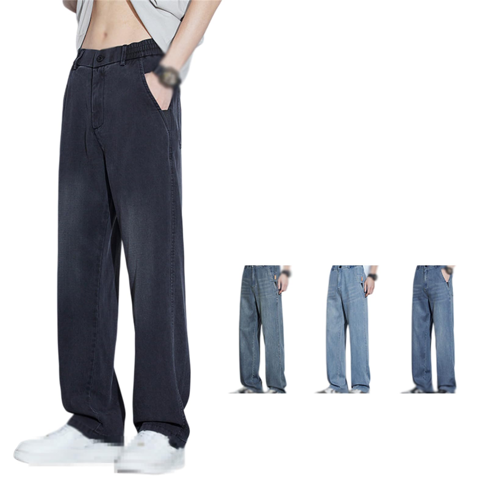 Letnie męskie cienkie dżinsy Tencel Luźne drapowane szerokie nogawki spodnie do lodów z elastyczną talią z wieloma kieszeniami, czarny, 3XL