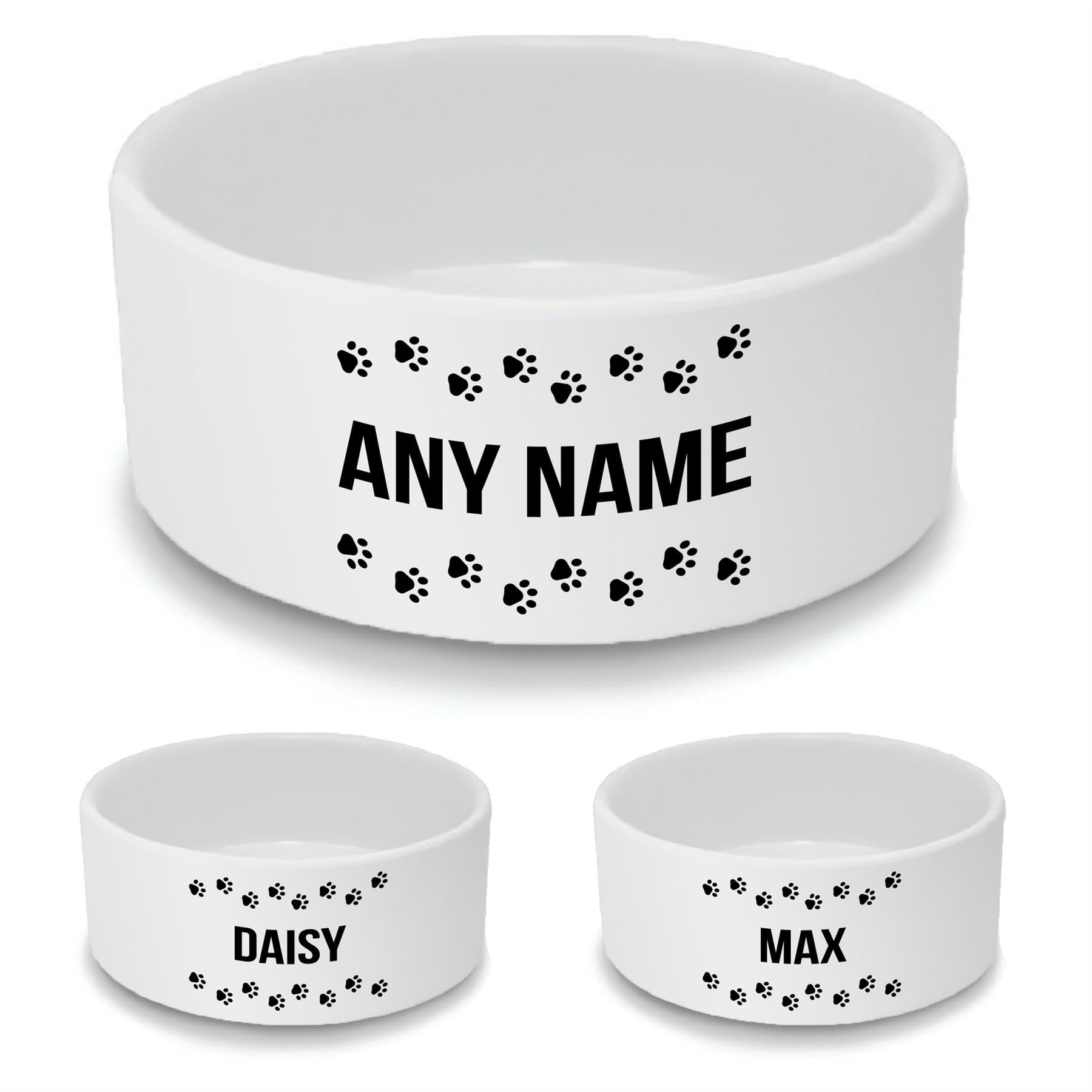 Personalised Ceramic Dog Bowl - Large White Pet Food Dish with Pawprint Tracks Design - Custom Name Dog Bowl 18cm Wide x 7cm Deep - Ideal for Medium to Large Dogs — image 1
