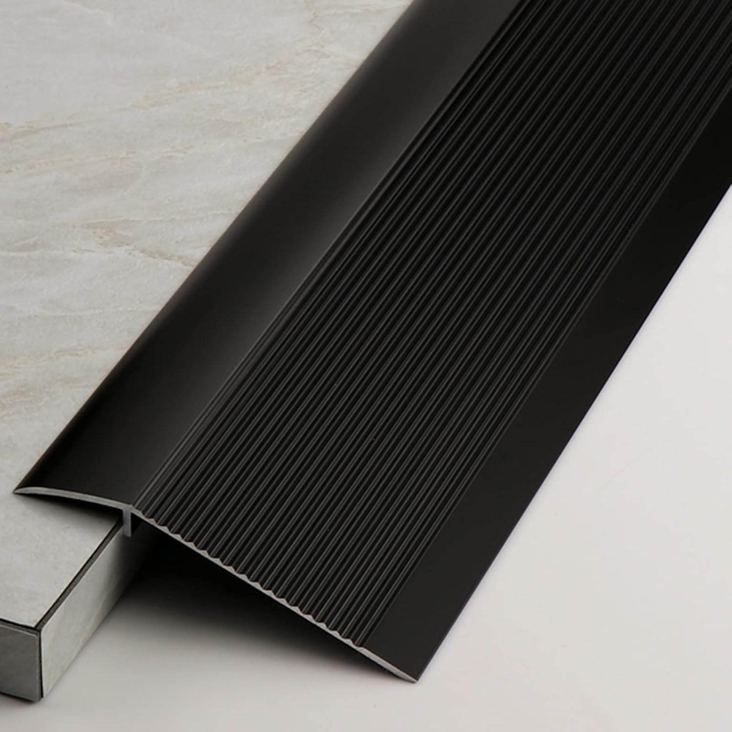 Transition Threshold Strip 4 Inch Door Transition Strip, Wood to Tile Threshold Strip Door Edge Trim Strip, Aluminum Alloy Anti Slip Floor Transition Bar (Black)