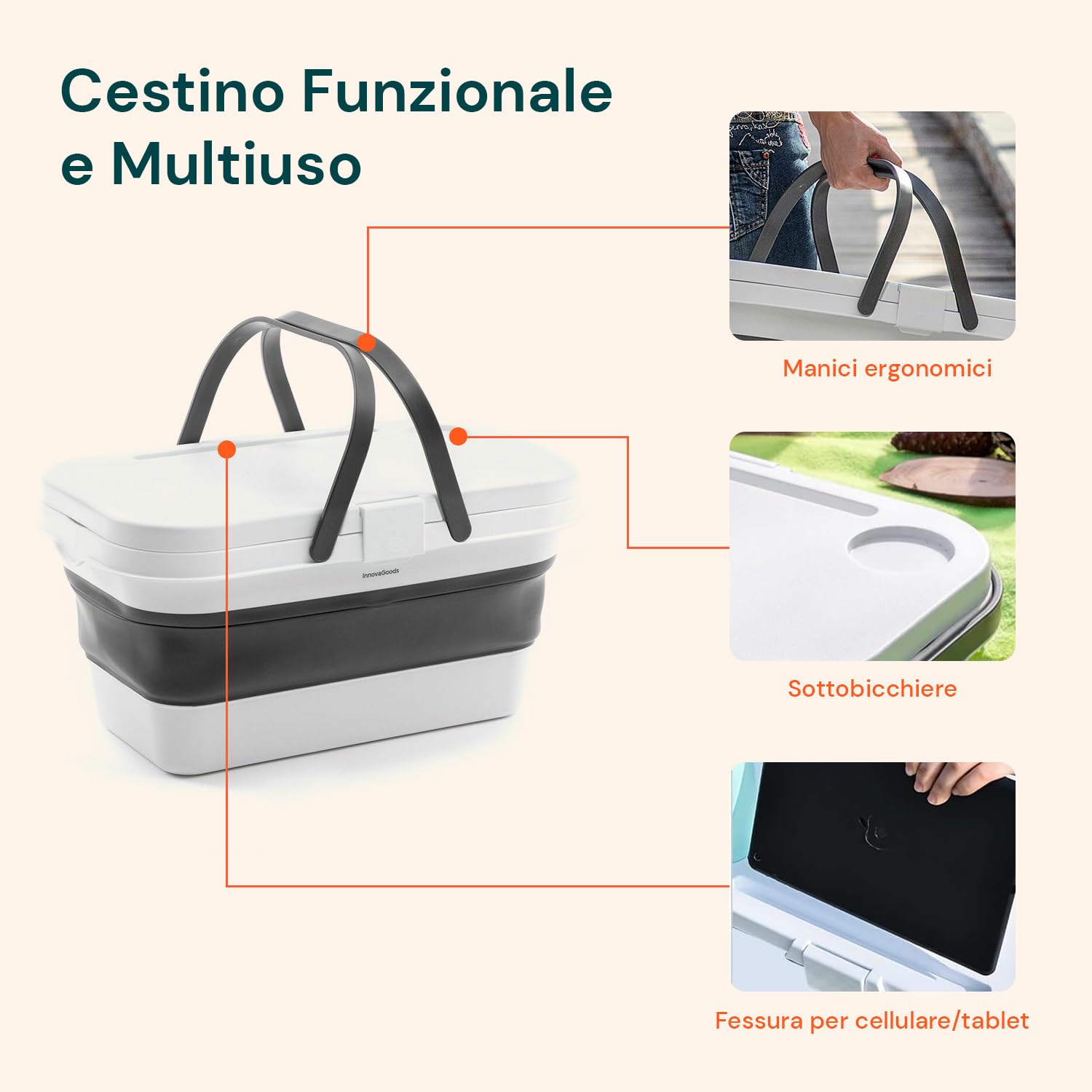 Cesta de Picnic Plegable con Superficie de Apoyo – Cesta Plegable para Playa y Camping, de Polipropileno, 16 l, Blanco y Gris, 47,3 x 9-24,5 x 29 cm