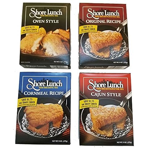 Shore Lunch Fish Breading/Batter 4 Flavor Fish Fry Variety Pack, (1) Each: Original recipe 9 Oz, Cajun Style 9 Oz, Cornmeal Recipe 9 Oz, Oven Style 6 Oz. Cover