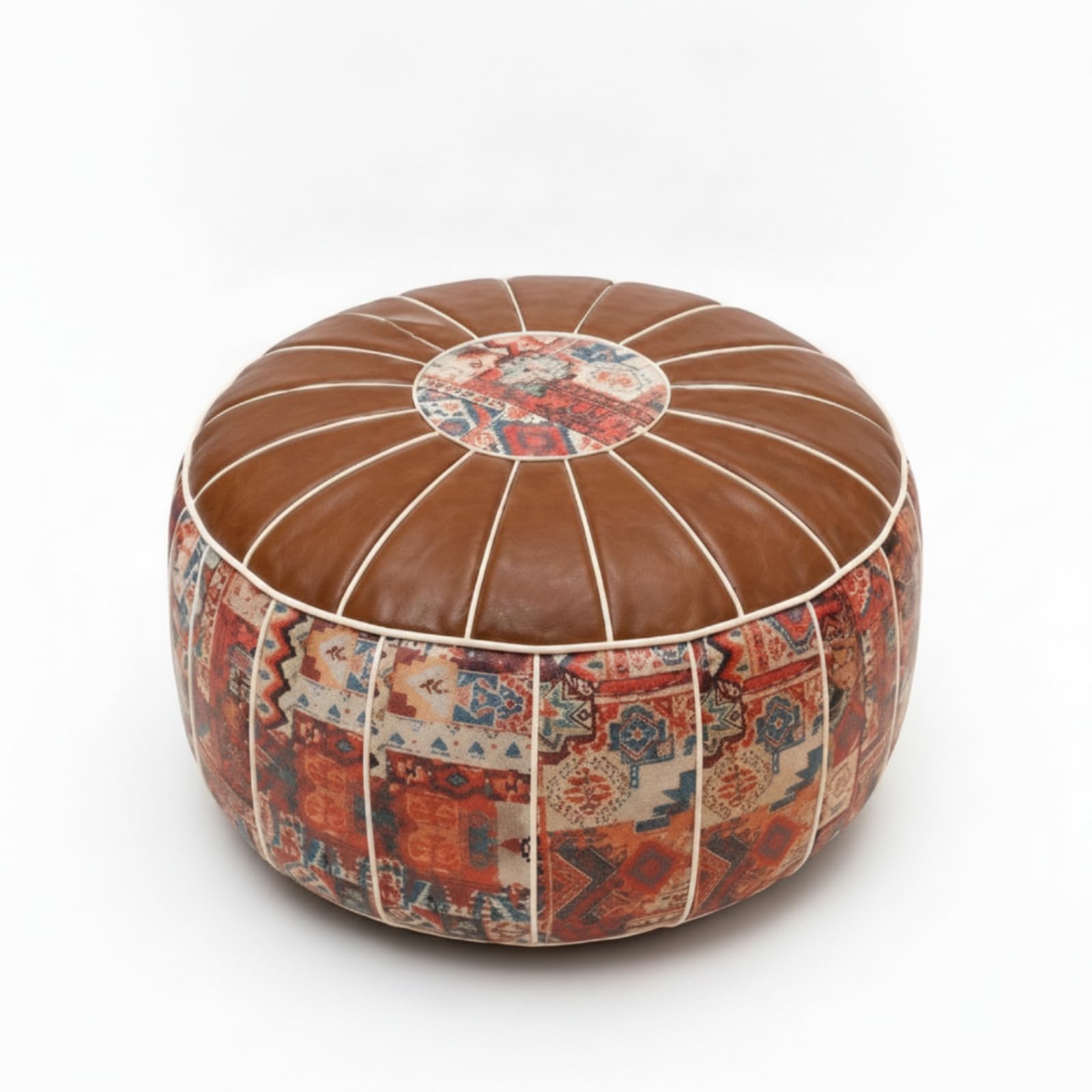 Storage Ottoman Round Footstool Bench Pouf With Embroidered Lid Leather Upholstery Zipper Access Suitable for living room bedroom studio office small