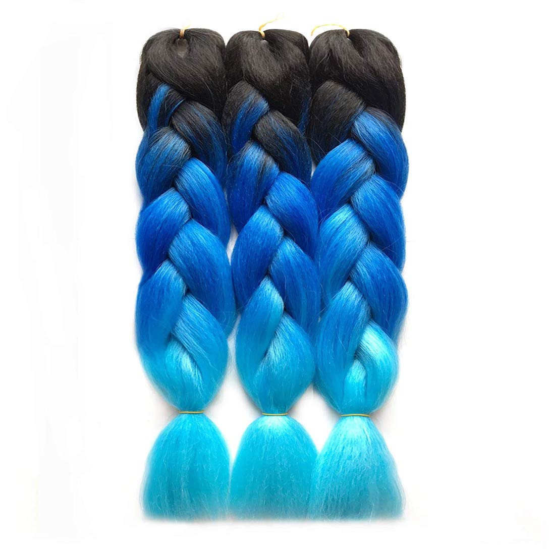 Synthetic Jumbo Braiding Hair Ombre Jumbo Braids Hair Extensions 3 Bundles Deal for Twist Crochet Weave Braid Hair Heat Resistant High Temperature Fiber 24 Inch 3 Tone Color Black/Blue/Azure