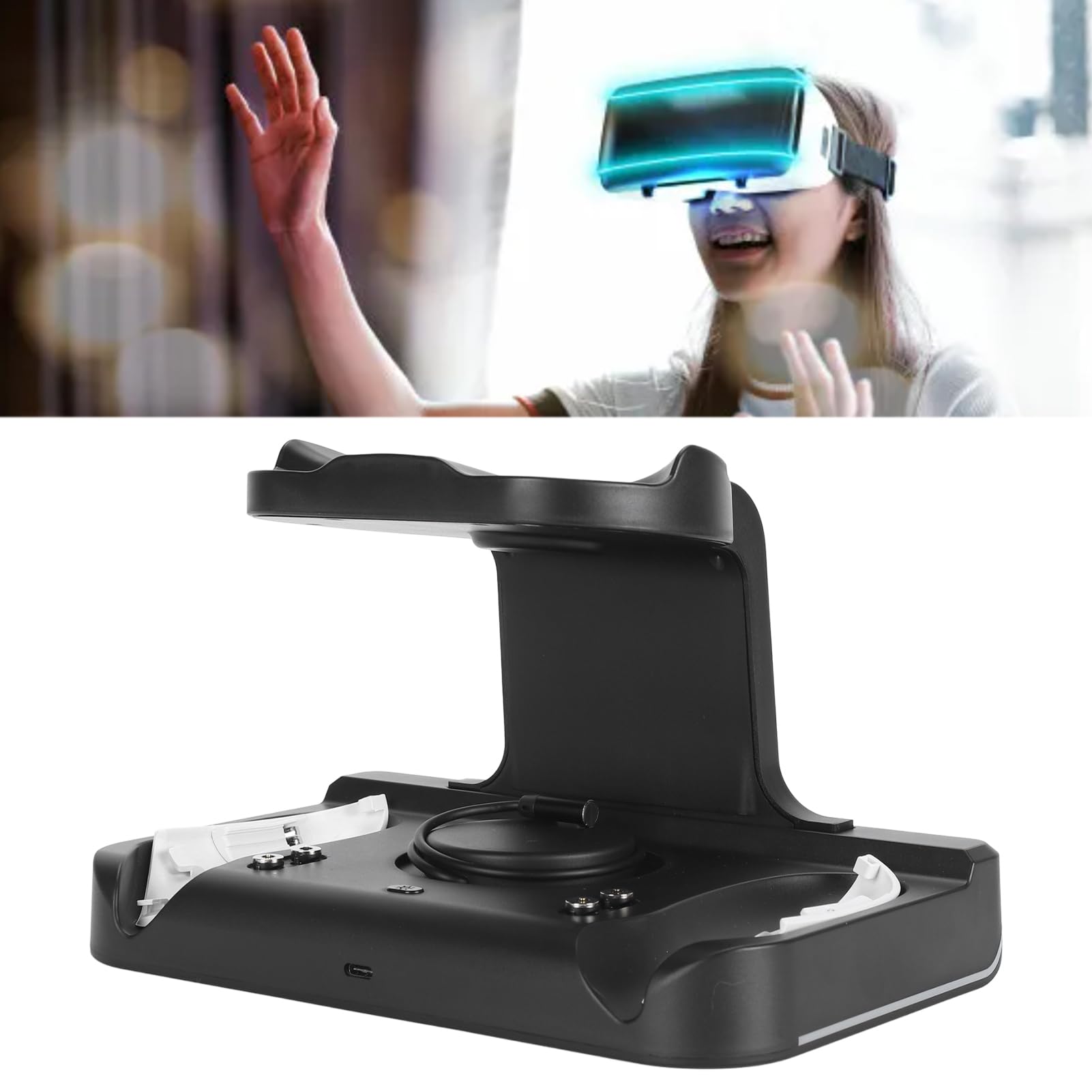 Stazione di ricarica VR per Meta 3, dock di ricarica per controller wireless e visore con 2 batterie ricaricabili, supporto di ricarica USB-C rapida con luce RGB e montaggio (Nera)