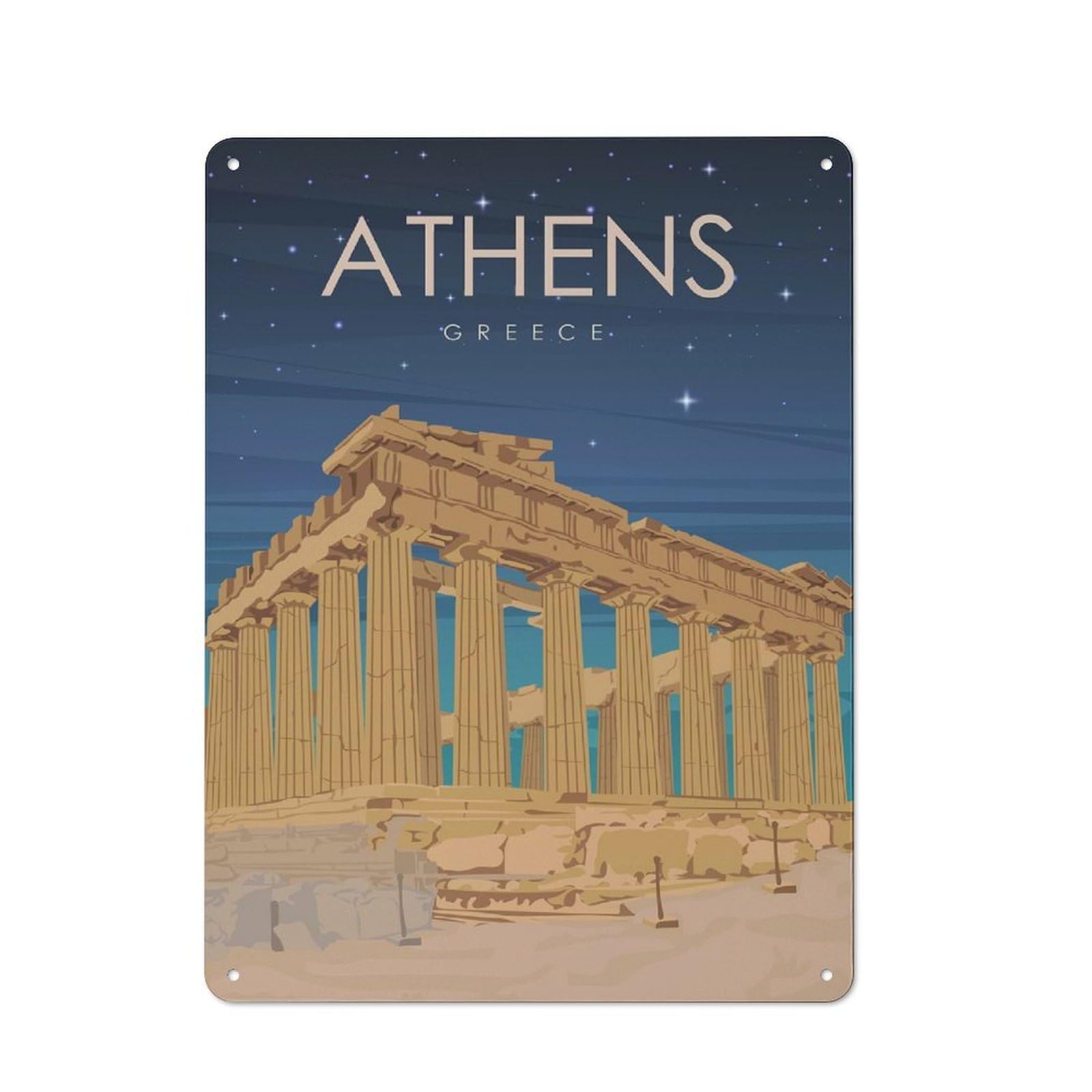 Junmoney Style-24 Metal Gift Sign With Athens Greece At Night Design 40X30cm, Character Room Wall Plaque For Flat, Dorm Room, Lounge Or Cafe