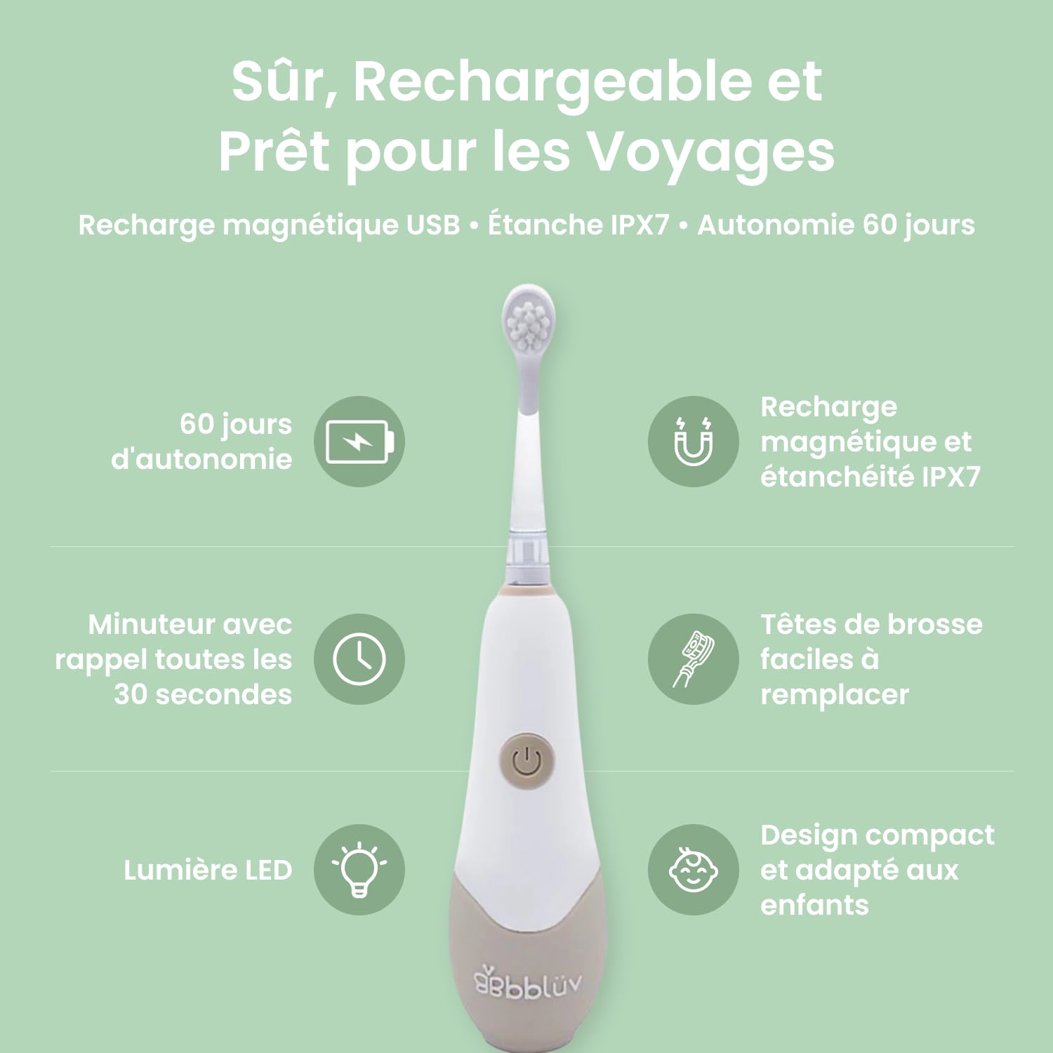 Bblüv - Spazzolino da denti elettrico per bambini Sönik Pro - Vibrazione e LED - 3 modalità - Timer 2 min - Durata 60 giorni - Scalabile 0-6 anni