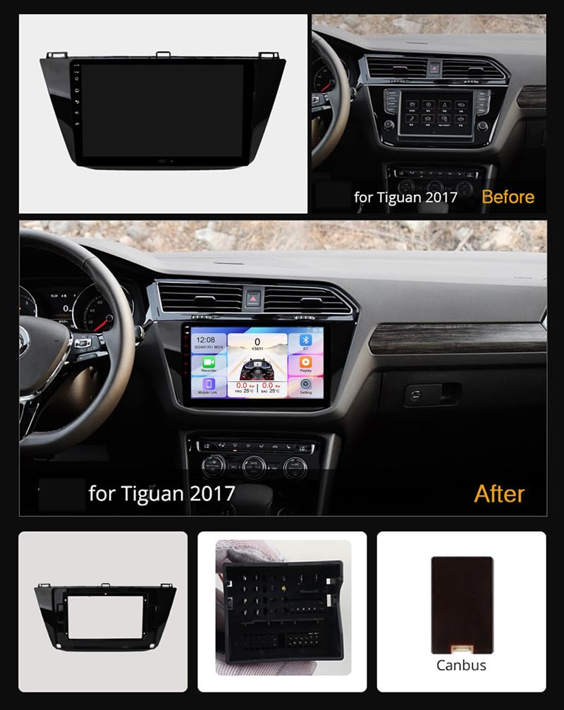 Radio samochodowe Android 15 2 DIN, 9-calowy ekran dotykowy, auto stereo do Tiguana 2017, odtwarzacz MP5 z Bluetooth CarPlay i Android Auto/FM AM RDS, sterowanie z kierownicy, 8 rdzeni 4G +