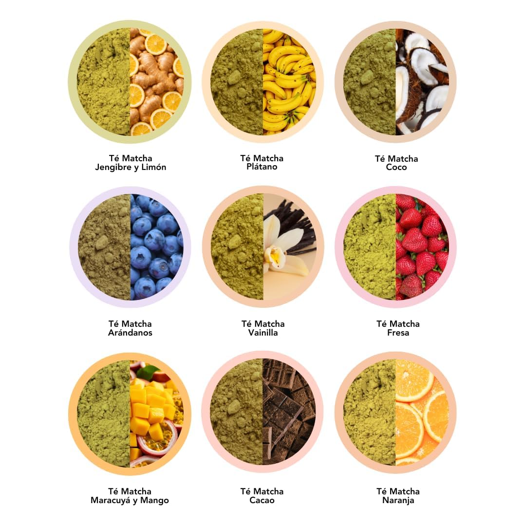 Matchaflix Pack Matcha 9 Sabores | Té Matcha Premium: Vainilla, Fresa, Mango, Melón, Arándanos, Jengibre, Cacao, Coco | Incluye Batidor, Vaso y Cuchara | Regalo Ideal