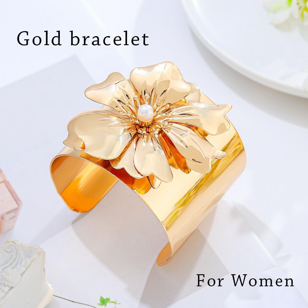 Wide Gold Bracelets for Women Chunky Flower Cuff Bracelet Vintage Statement Open Cuff Trendy Bangle for Holiday Prom - Image 2