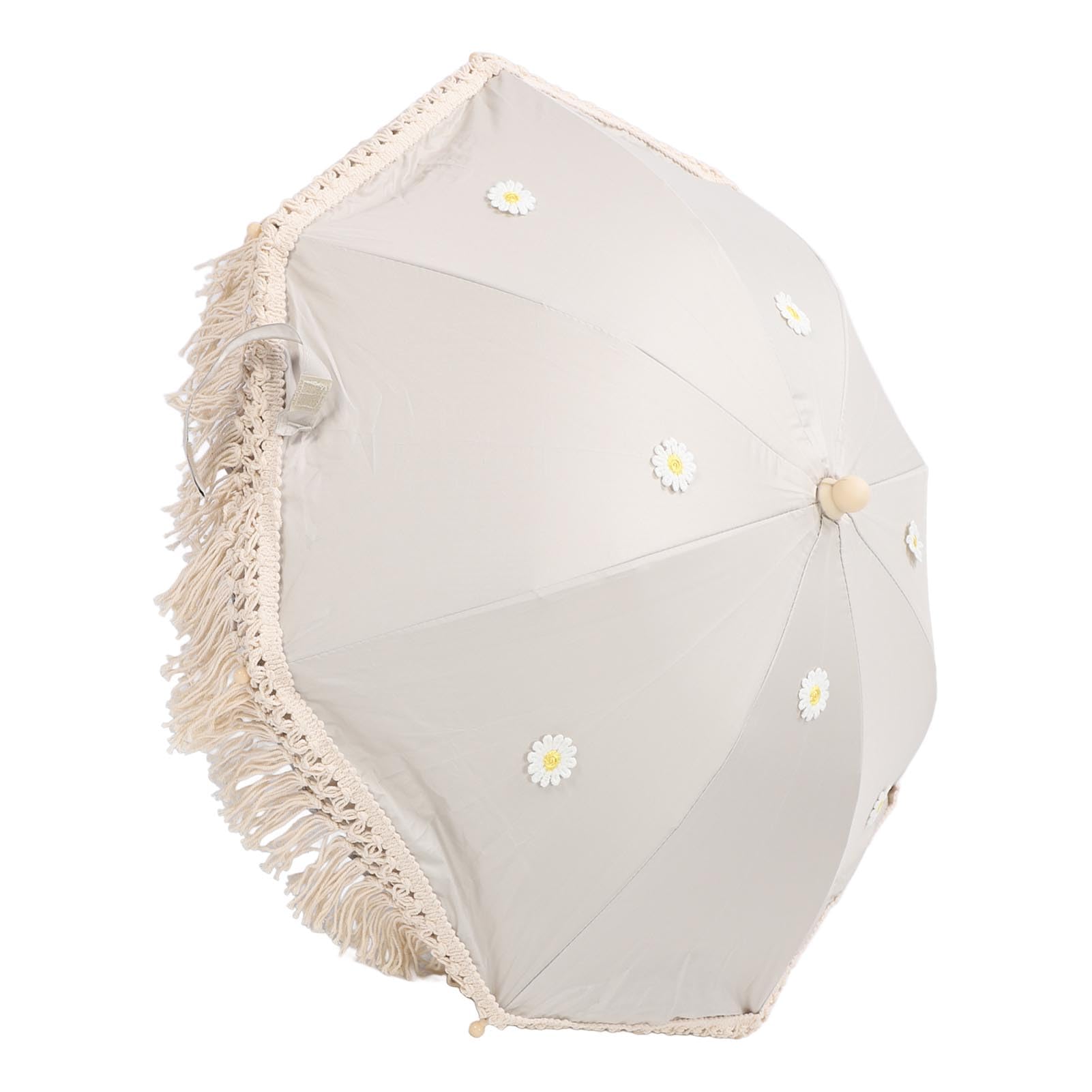 Sombrilla Portátil Compacta para Cochecito de bebé con Fuerte Resistencia Al Viento, Diseño de Borla Moderno, Material de Tela Oxford para Sombrilla Al Aire Libre (Beige con