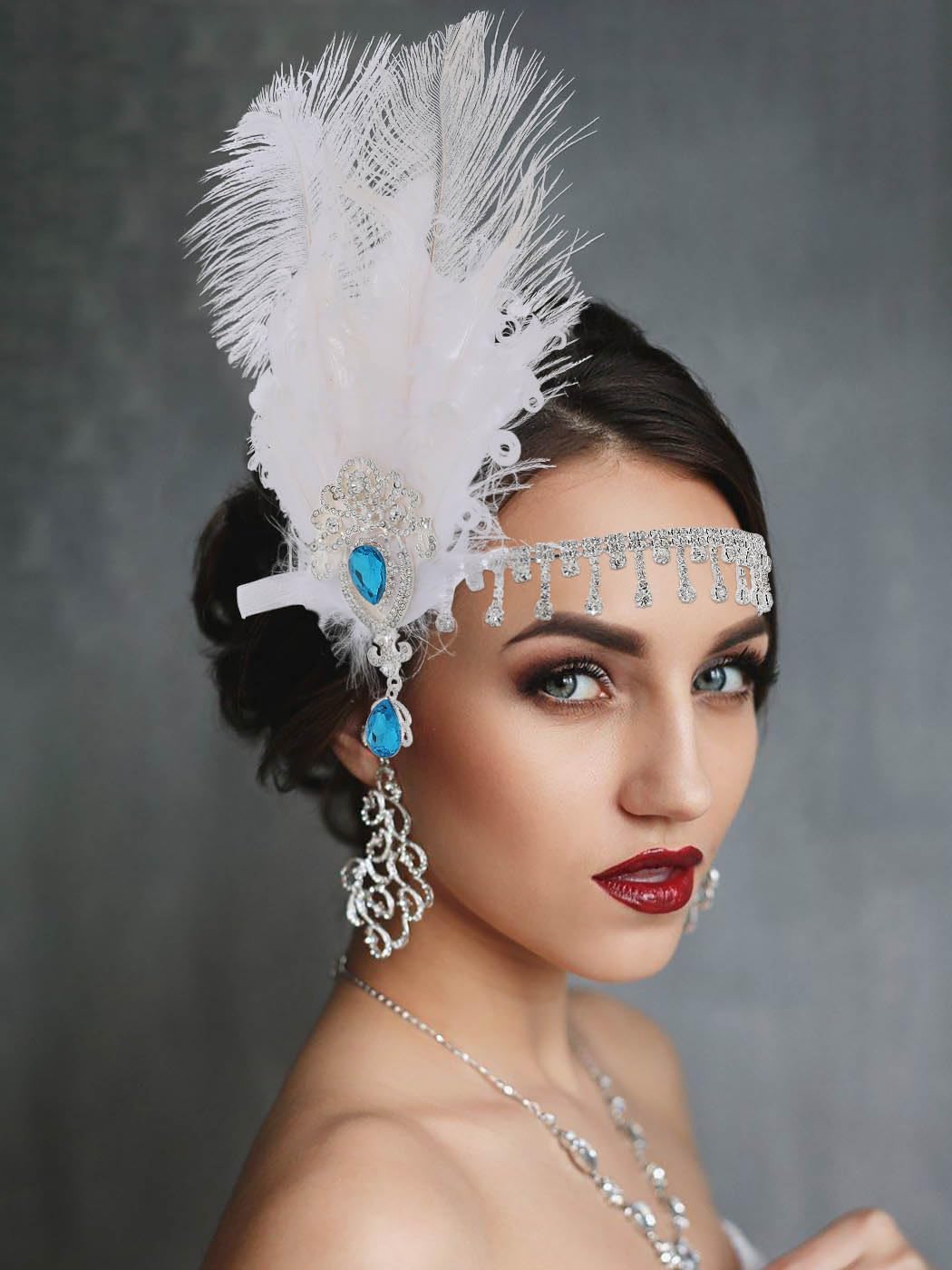 IYOU Women Feather Flapper Headpiece White Crystal Headband Crystal 1920s Great Gatsby Hair Accessories for Wedding Party Festival Prom Tea Party - Image 2