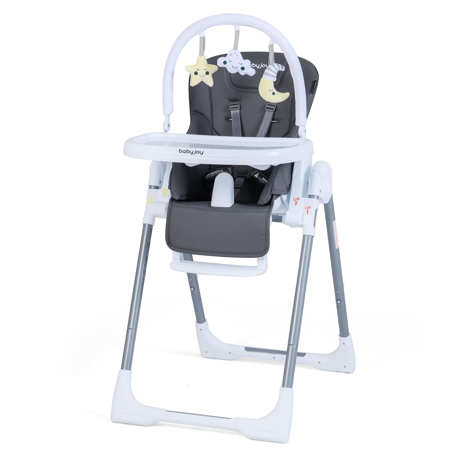 HONEY JOY Baby High Chair with Wheels, Foldable & Self-Stand Feeding Chair w/Toy Bar, Removable Cushion & Tray, Adjustable Heights & Recline Seat, Portable Highchair for Babies & Toddlers (Dark Gray)
