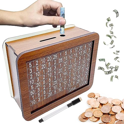 Tirelire en Bois avec Marqueur,Caisse à Monnaie avec Compteur e Stylo Effaçable,Boîte à Argent Billet Compte Piece Tirelire Réutilisable avec Objectif...