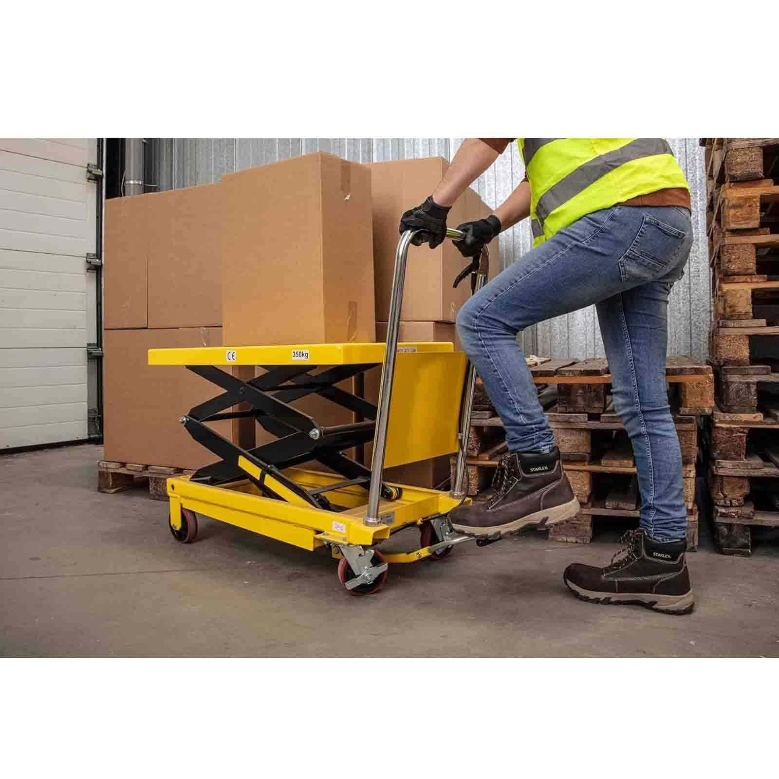 Elevador de mesa hidráulico con pedal, altura (0,72 m-1,5 m), tijera doble portátil, carga (150 kg-1000 kg), mesa de trabajo elevable, ruedas traseras con bloqueo, 500 kg y 1,5 m