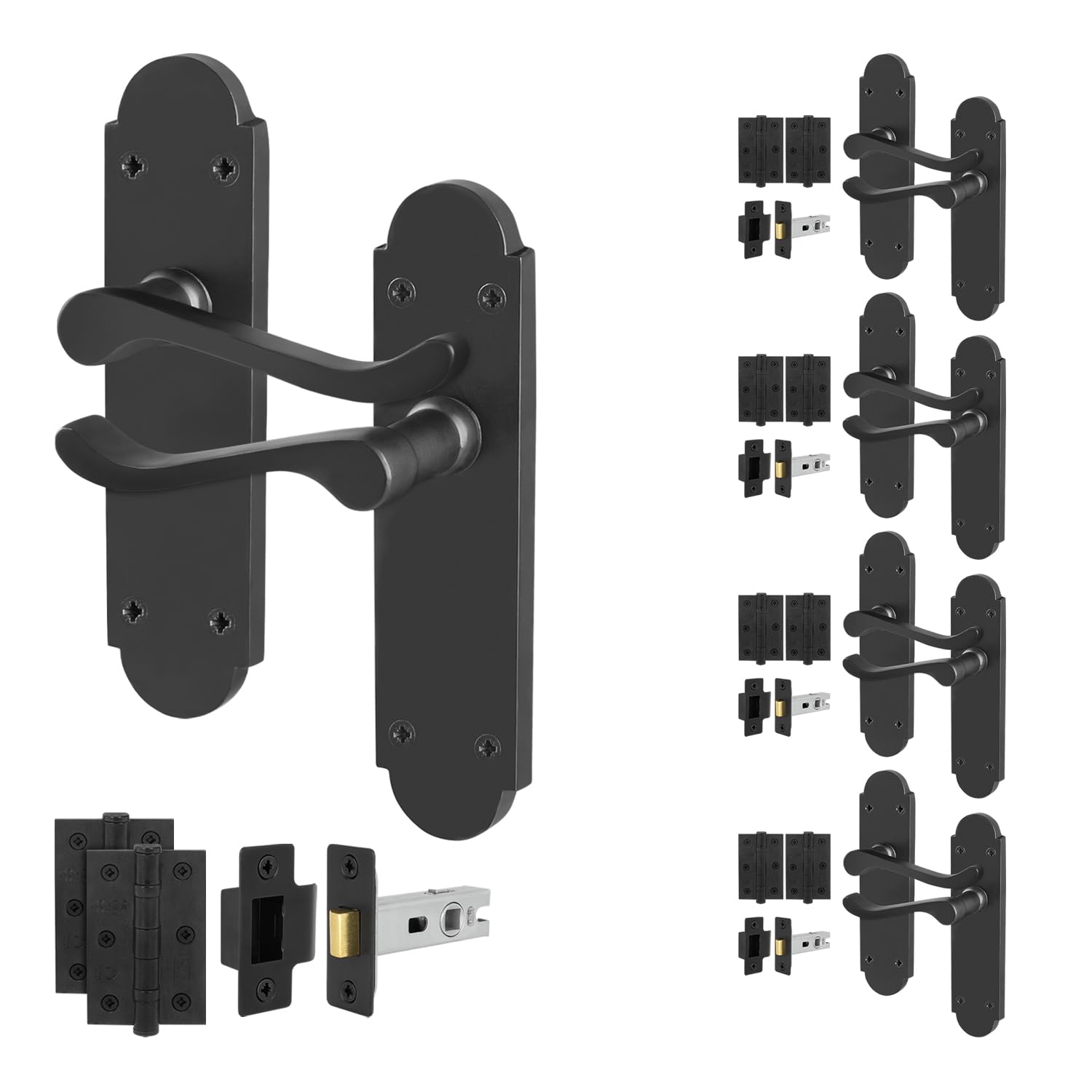 EAI Black Door Handles Latch Set, 5 Pairs Internal Matt Black Victorian Scroll Shaped Backplate, Hinges, Latch 64mm