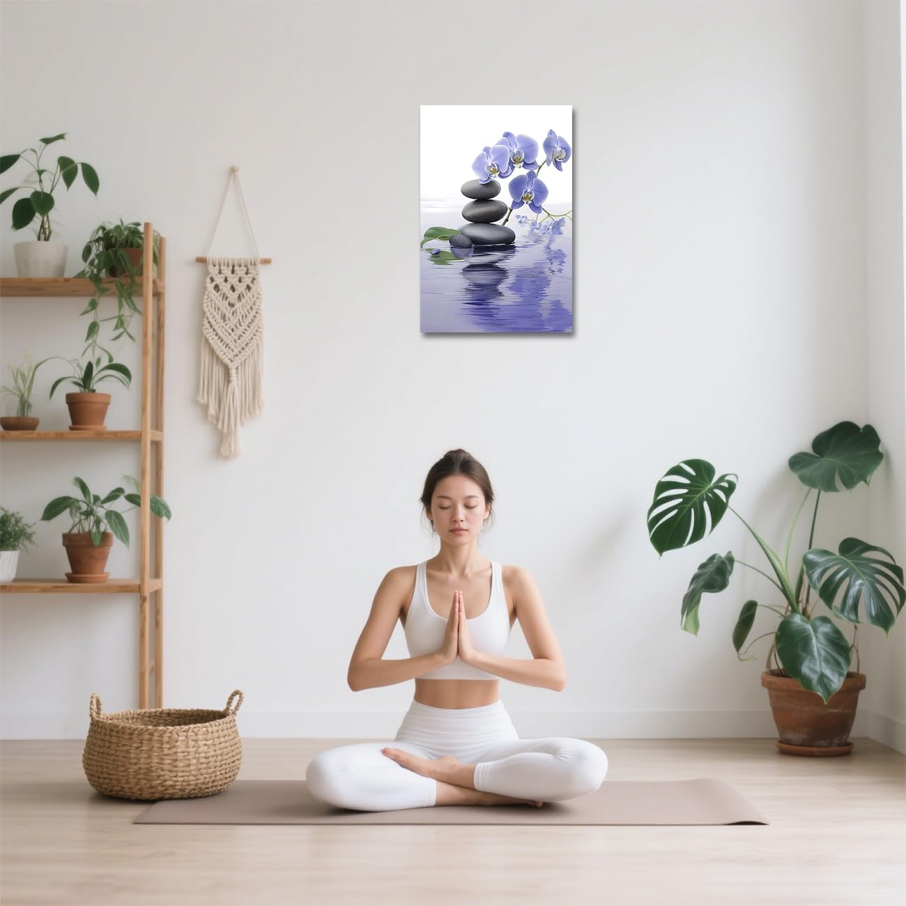 Quadro da Parete Zen per Bagno con Orchidea e Pietre, Dipinto Spa, Natura Morta, Stampe su Tela per Meditazione, Decorazione Spirituale per la Stanza, incorniciato (Viola, 42L x 2