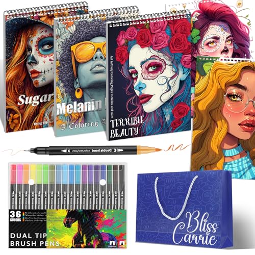 Image of 3Pcs Coloring Book for Women Relaxation, 72 Patterns Spiral Bound Mindfulness Coloring Books for Adult with 36 Dual-tip Markers, Dual Markers Brush Pens Stocking Stuffers Anxiety Relief Gifts-Portrait