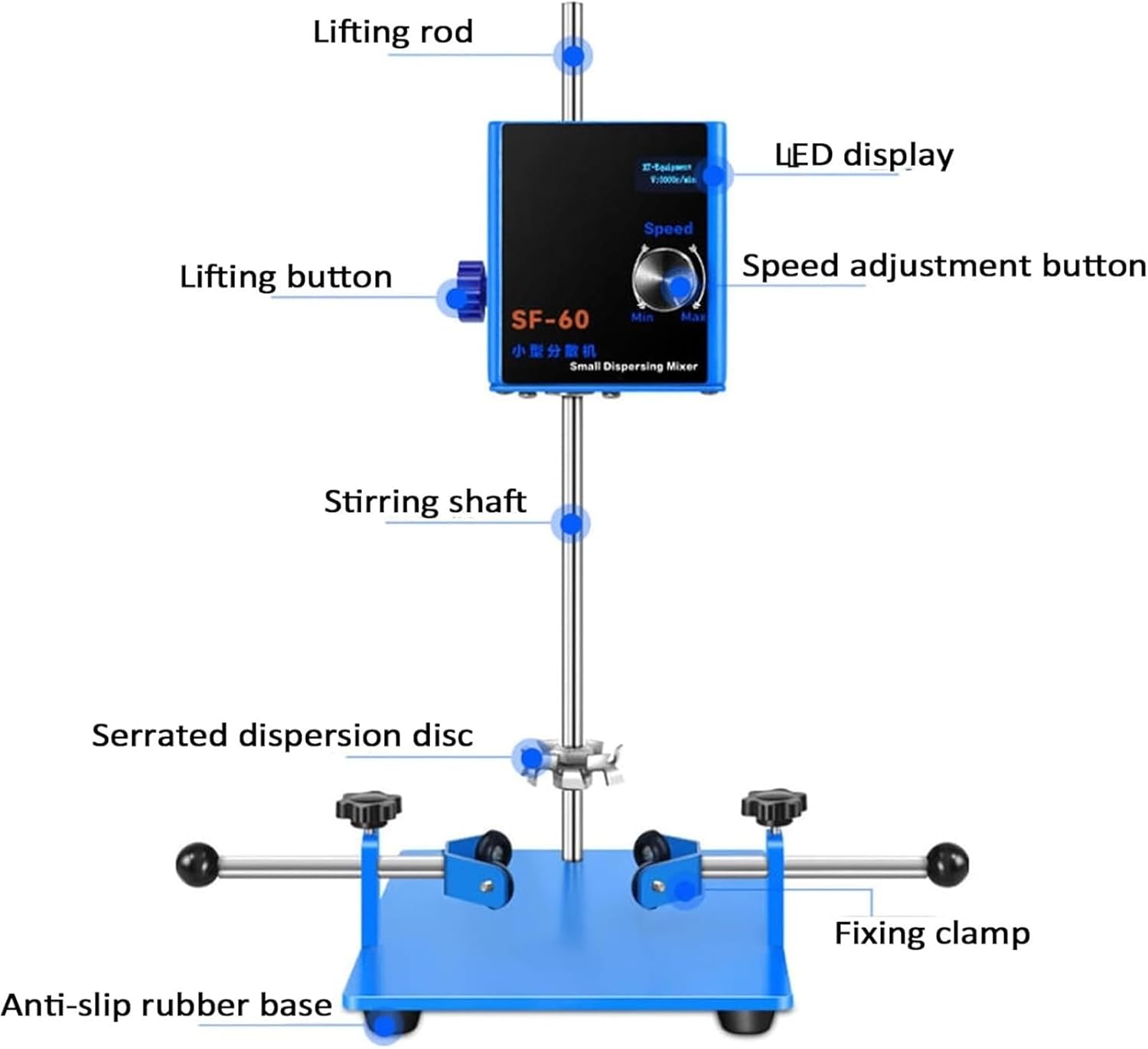 High-Speed Lab Disperser with LCD Display, 6000RPM Electric Stirrer, Adjustable Height, 5-14cm Clamping Diameter, Ideal for Mixing Lab Liquids, Paints, and Resins