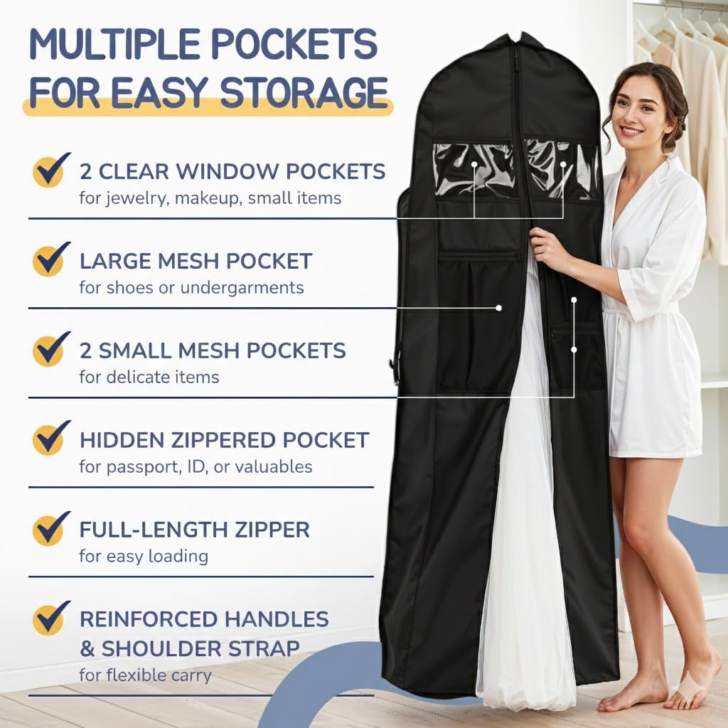 Sturdy Oxford polyester fabric - 72" Wedding Dress Garment Bag - Shoulder Strap - Accessory Pockets - Attaches to Suitcase – Waterproof – Trifold – Designed for Full Skirts – Carry Handle (Black)