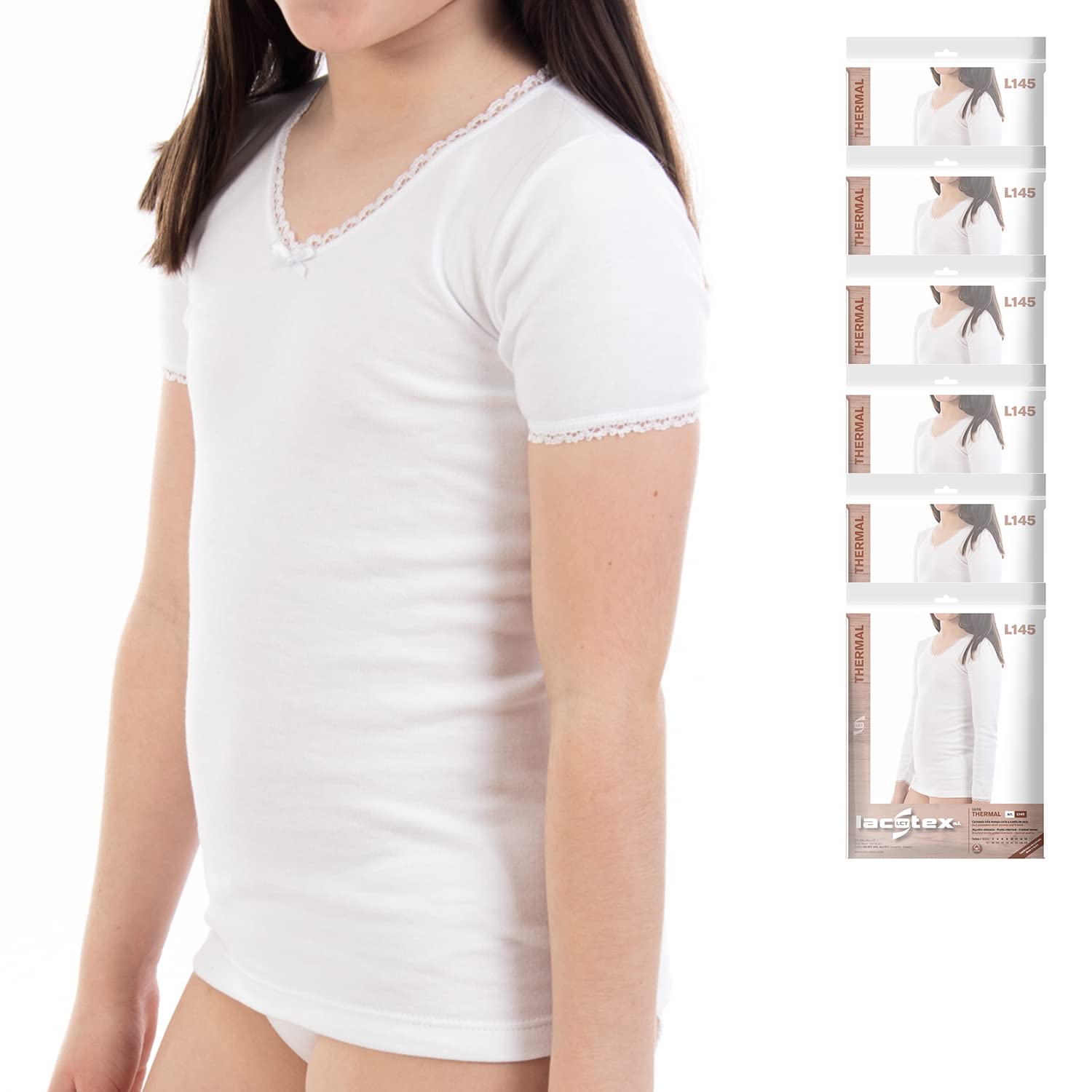 Lot économique de 6 t-shirts thermiques pour fille L145 à manches courtes et col en V avec dentelle. Même taille et couleur.