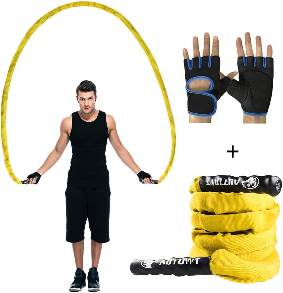 AUTUWT Heavy Jump Rope with Protective Sleeve,Adult Weighted Jump Rope Skipping Rope Workout Battle Ropes with Gloves for Men Women Total Body Workouts Power Training Strength