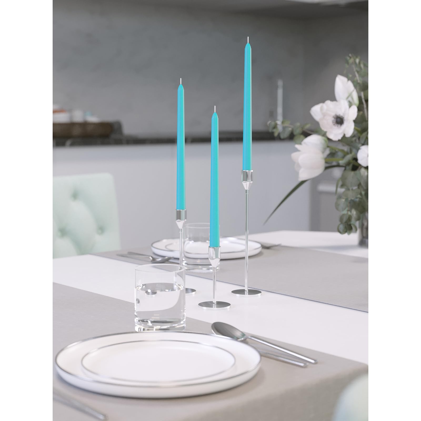 Candwax - Set di 12 candele coniche da 20,3 cm, candele da cena, senza goccia, alte candele a lunga durata, perfette per cene, feste o matrimoni, candele color turchese