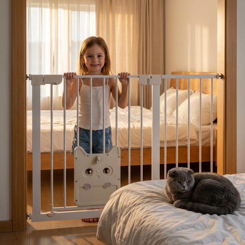 NAIZY Treppenschutzgitter mit katzenklappe 180°Doppeltür Ohne Bohren Schutzgitter Treppe 105-115cm Automatisch Schließendes Hundegitter mit Katzentür,Weiß