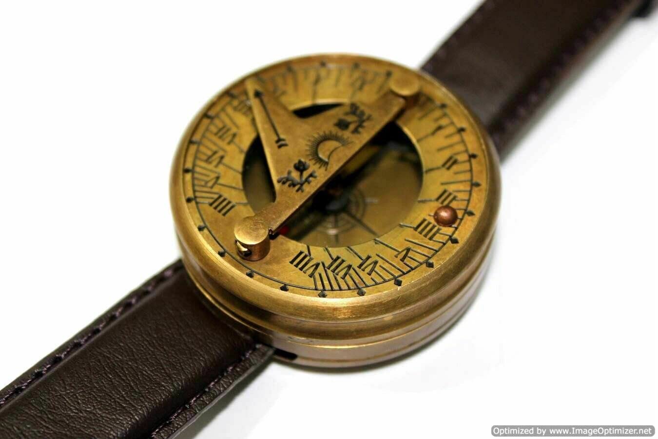 Reloj de pulsera con brújula de trabajo con reloj de sol de latón náutico, estilo vintage hecho a mano, Hombre (‎Marrón Antiguo)