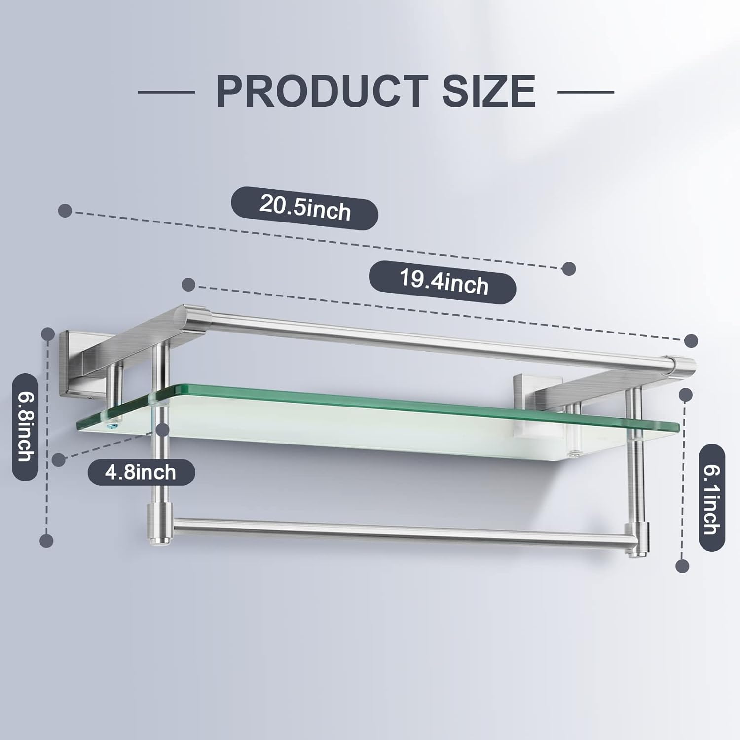 2 Pack Glass Shelf Bathroom Shelves for Bathroom 21inch Rectangular Holder Brackets Stainless Steel Tempered Glass Modern Toilet Storage Stand Mount Accessories Brushed Nickel