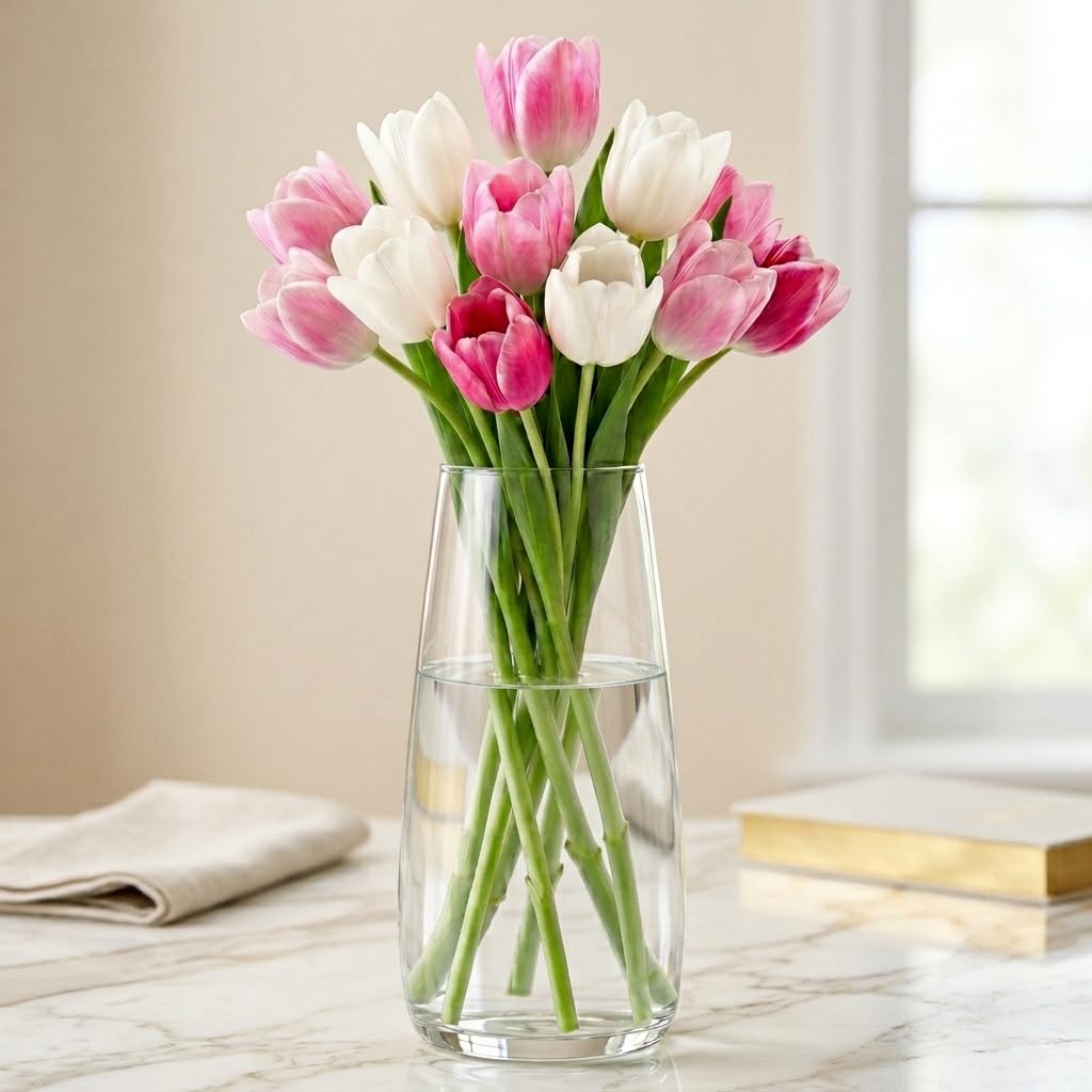 Premium Quality Glass Vase - Large 22 cm Exquisite Clear Flower Vase - Crystal Glass vase for Home Decor - Vases for Flowers - Room Decor - Farmhouse - Flower Vases for Decor Centerpiece - Tall