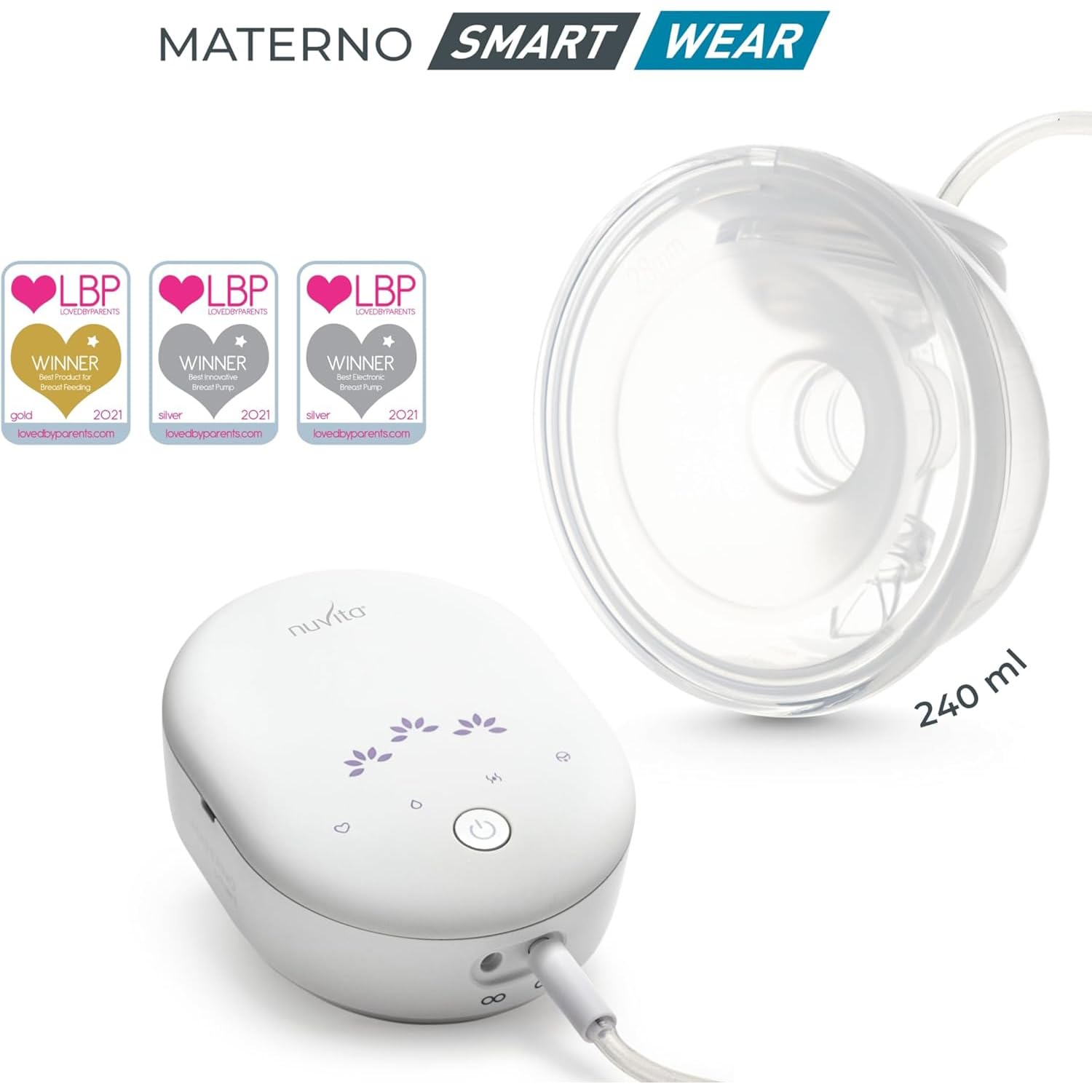 Nuvita Materno Smart Wear 1287 W - przenośny elektryczny laktator bez użycia rąk, technologia 3-fazowa, możliwość indywidualnego dopasowania, przenośny, zestaw do konwersji do podwójnego mleka