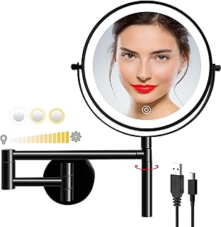 9” Wall Mounted Lighted Makeup Mirror, Rechargeable Vanity Mirror 1X/10X Magnifying Bathroom Mirror with 3 Color Lights, Double Sided with Dimmable LED Light, Extended Arm 360° Swivel Extension Mirror