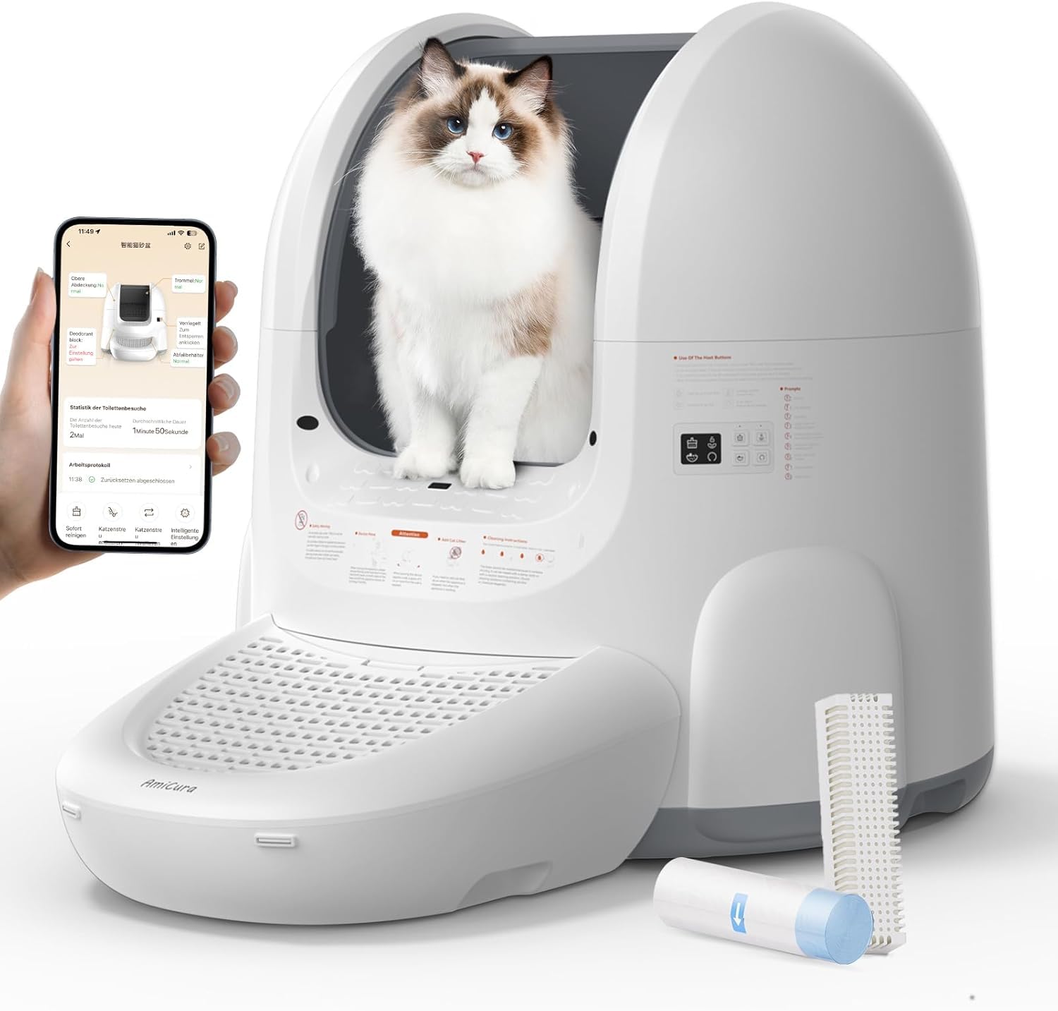 Amicura Cura2 Lettiera Autopulente Con Apertura Ampla, Controllo App, Senza Odore, Autopulente, Rilevamento A 360 Gradi, Grande Capacità Per Gatti/Gatti Anziani