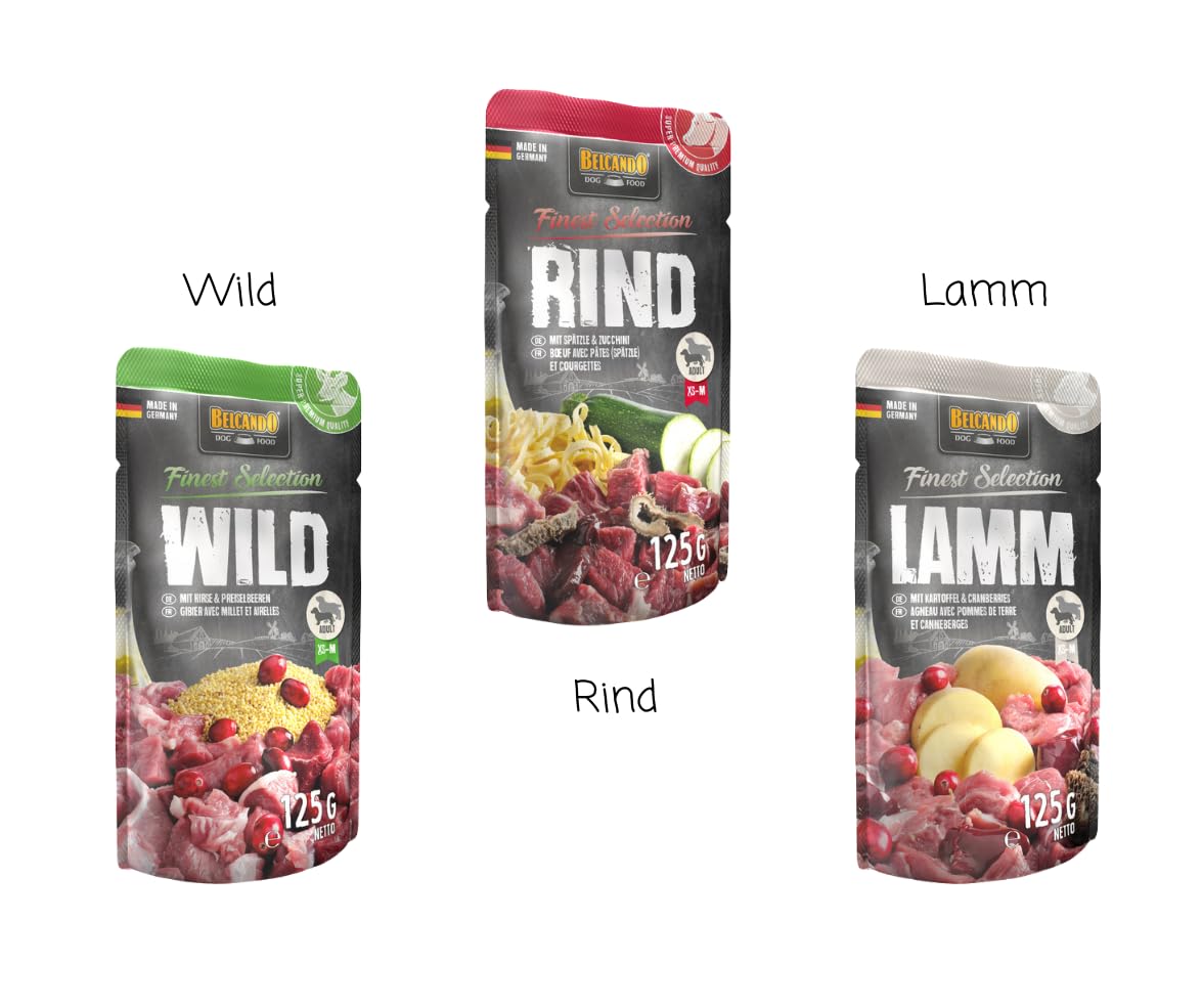 Belcando Finest Selection 24x125g - Hundefutter - Frischebeutel, Ideal für Sensible & wählerische Hunde - ohne Zusätze & Sortenwahl möglich (Wild, Huhn, Truthahn, Rind, Lamm, Kaninchen & Ente)